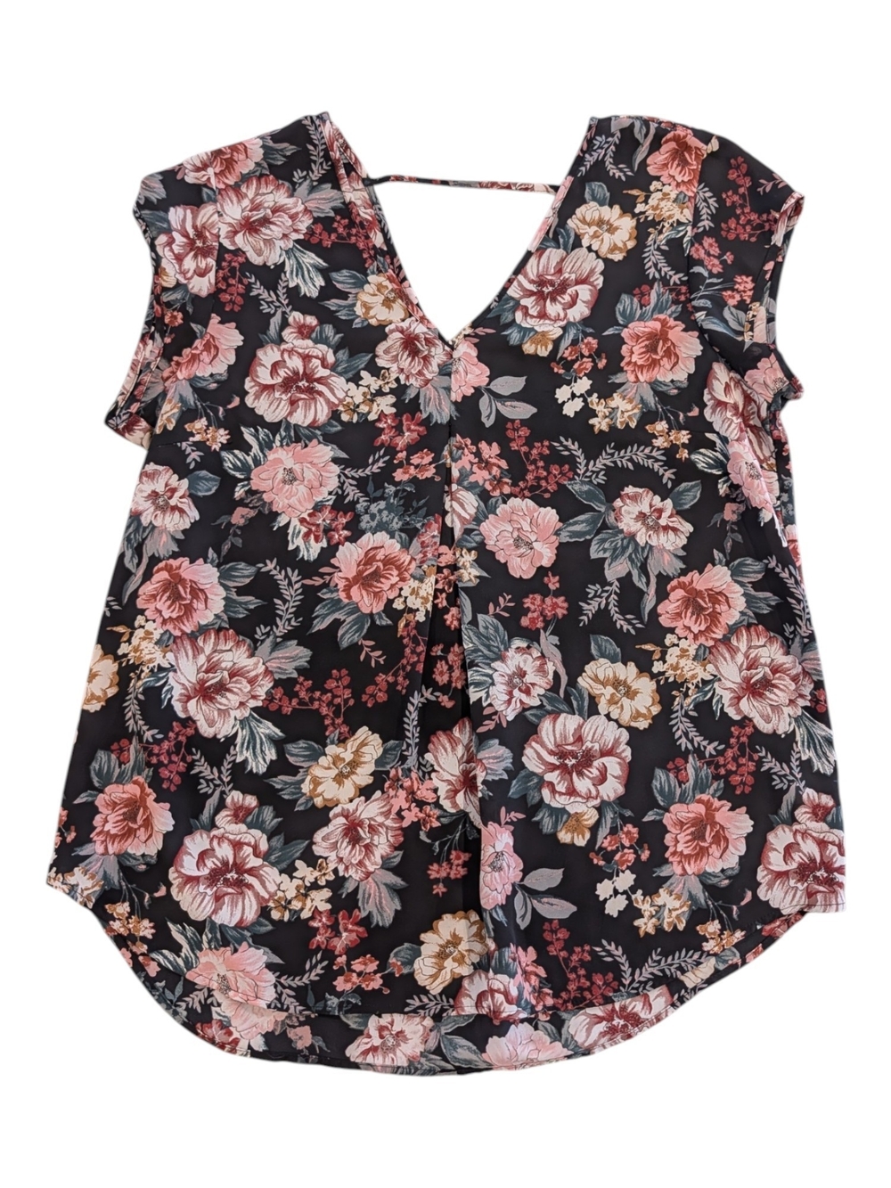 Halogen Black Floral V-Neck Cap Sleeve Blouse